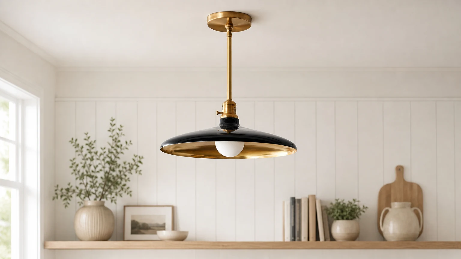 Lampa wisząca Forvara z metalowym słupkiem zainstalowana w ciepłym pomieszczeniu na farmie