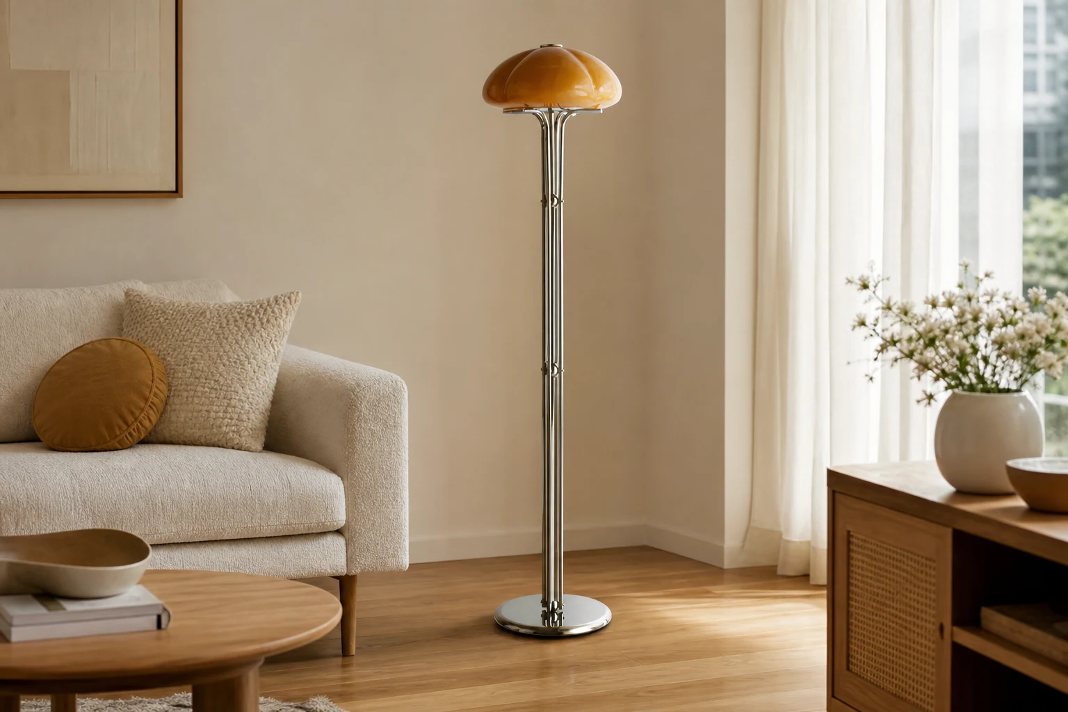 Szklana lampa podłogowa z dyni w scenie pokoju lifestylowego