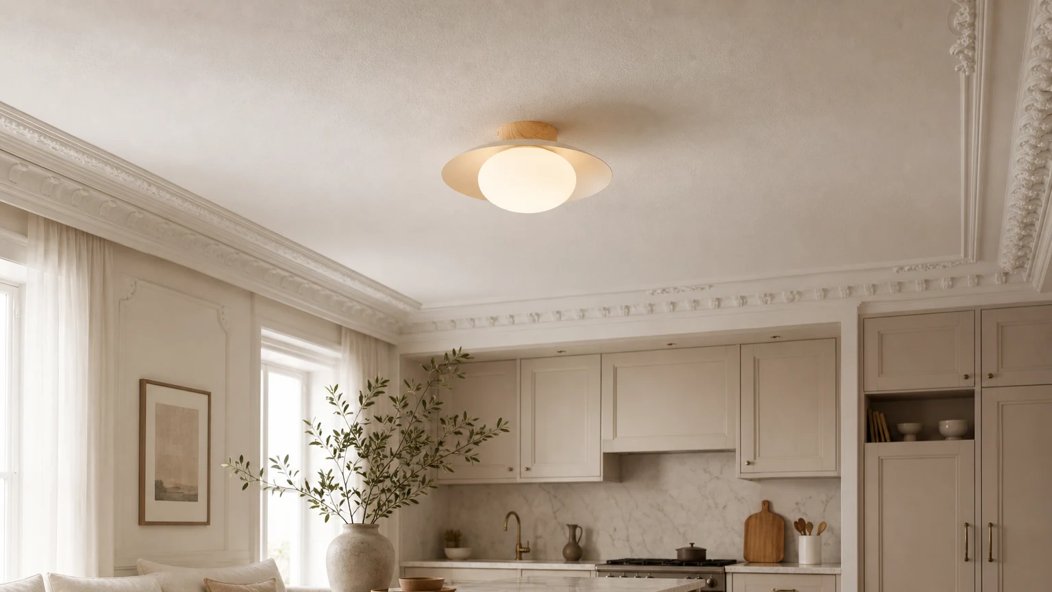 Lampa sufitowa Oribela z matową kulą zainstalowana w ciepłym, nowoczesnym pomieszczeniu