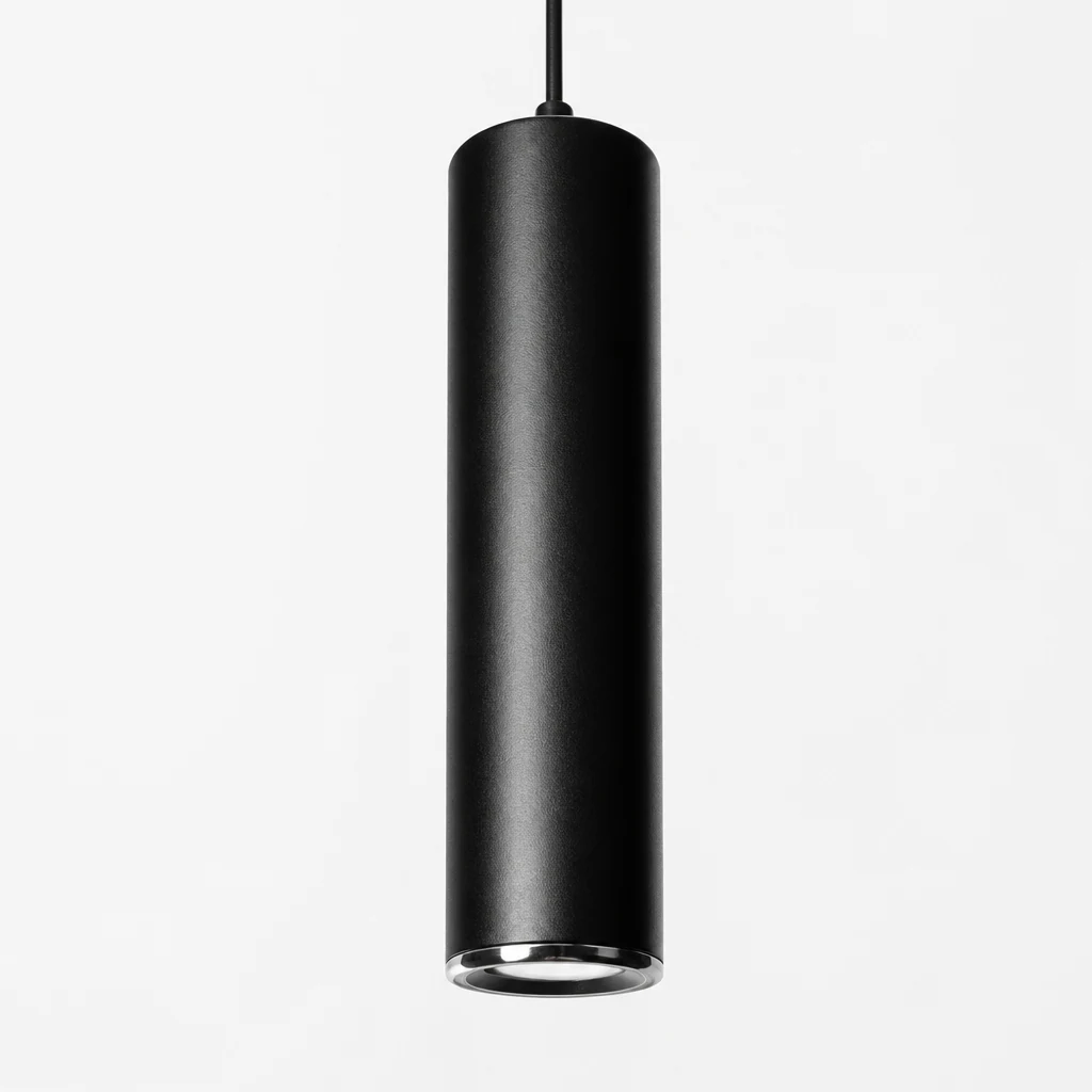 Close-up detail of the black tubular pendant lamp finish