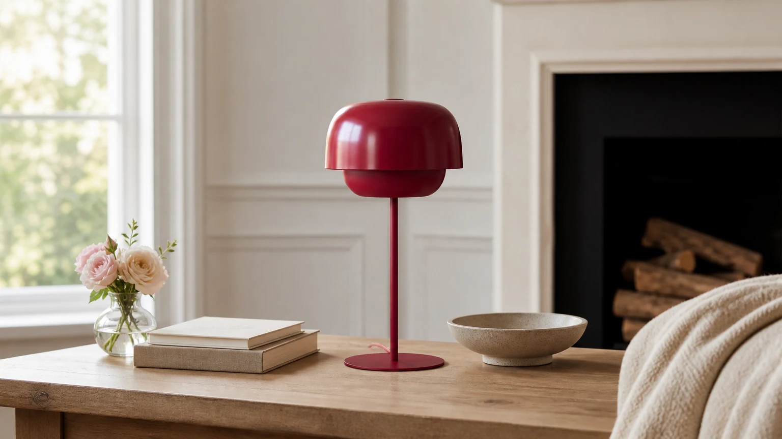 Kolorowa, metalowa lampa stołowa Clinco inspirowana stylem retro, w poziomej scenie pomieszczenia