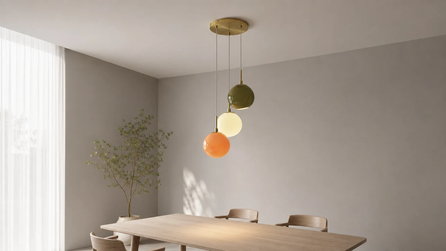Lampa wisząca ze szkła opalowego z wieloma kloszami, umieszczona w pomieszczeniu