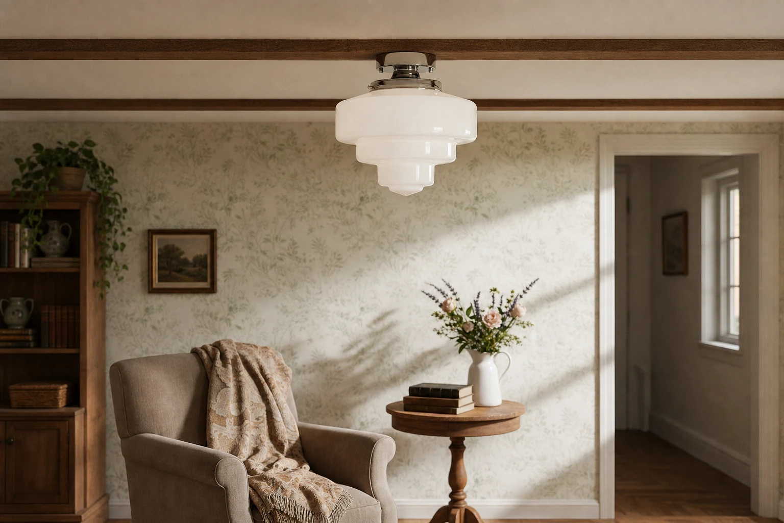 Scena lifestylowa z lampą wiszącą z mosiężnych i szklanych prętów