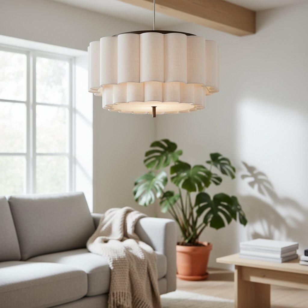 Linbron Flush Pendant - Scalloped Linen Shade Bronze Finish Modern Ceiling Light for Dining Room T479