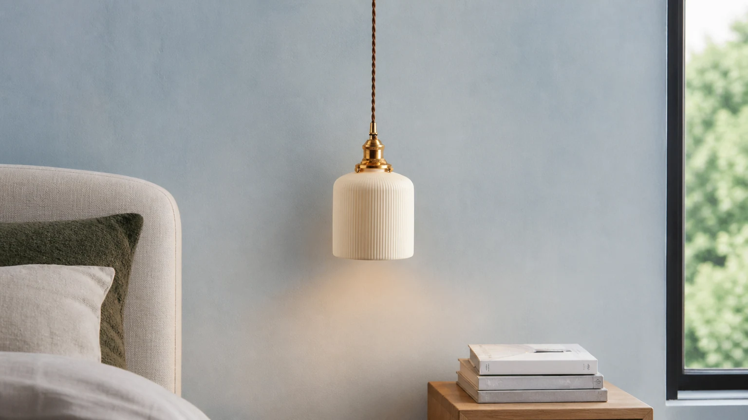 Lampada a sospensione in ceramica a righe in un accogliente ambiente interno.