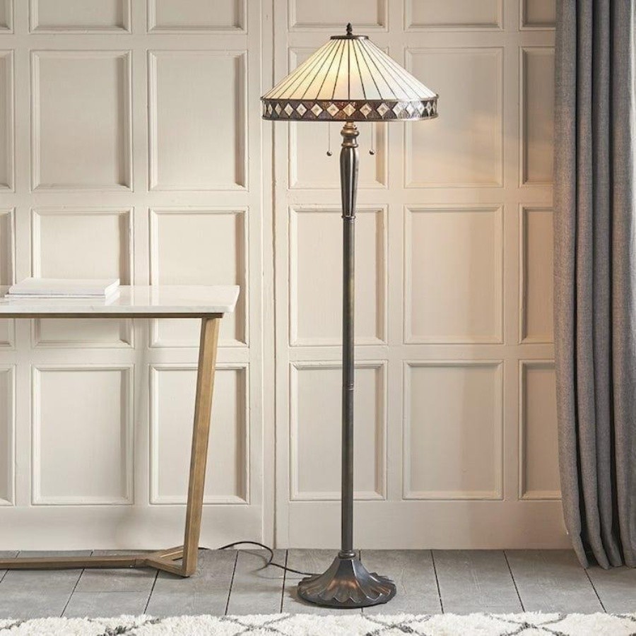 TF Fargo Geometric Tiffany Style Lamp - Amber and Cream Glass Accent Lighting for Bedroom or Study T643