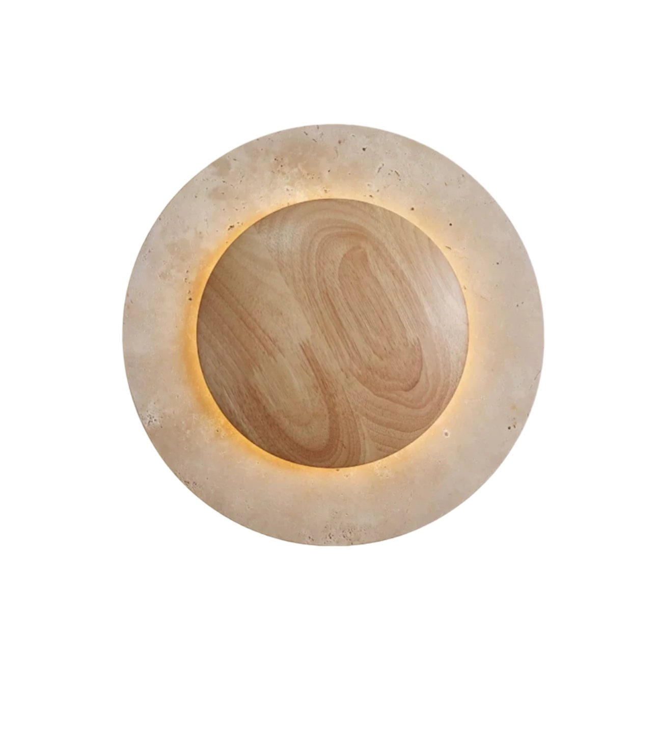 Aplique de pared redondo de madera de travertino D880 (vista frontal aislada)