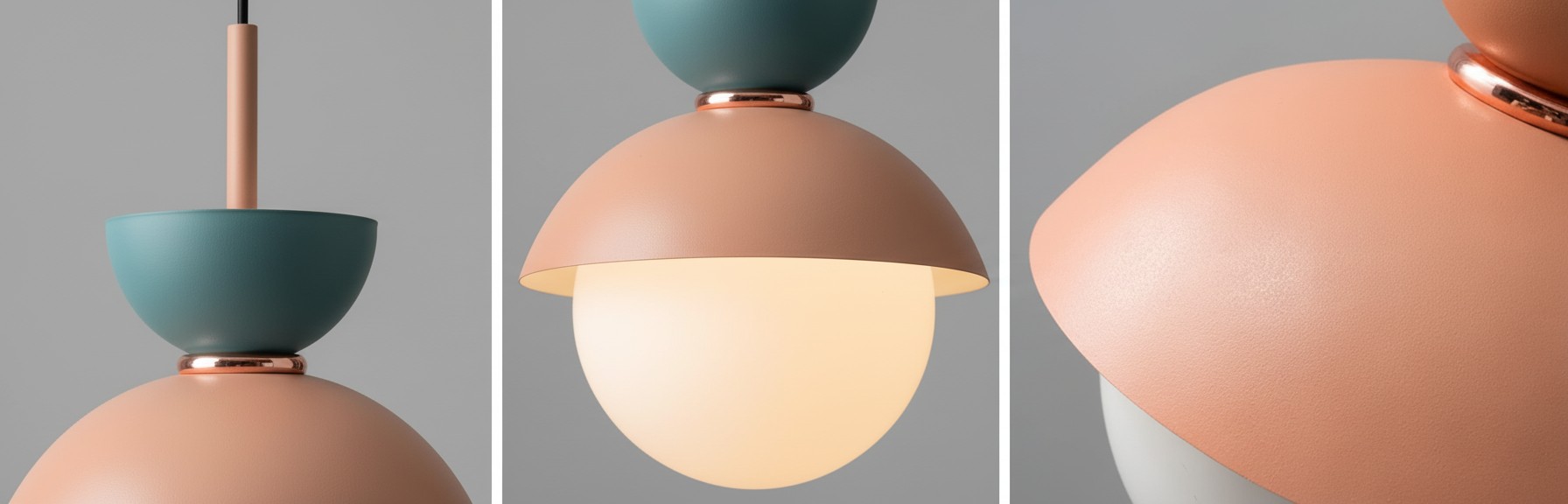 Zbliżone szczegóły klosza, kuli i wykończenia lampy wiszącej Frovela