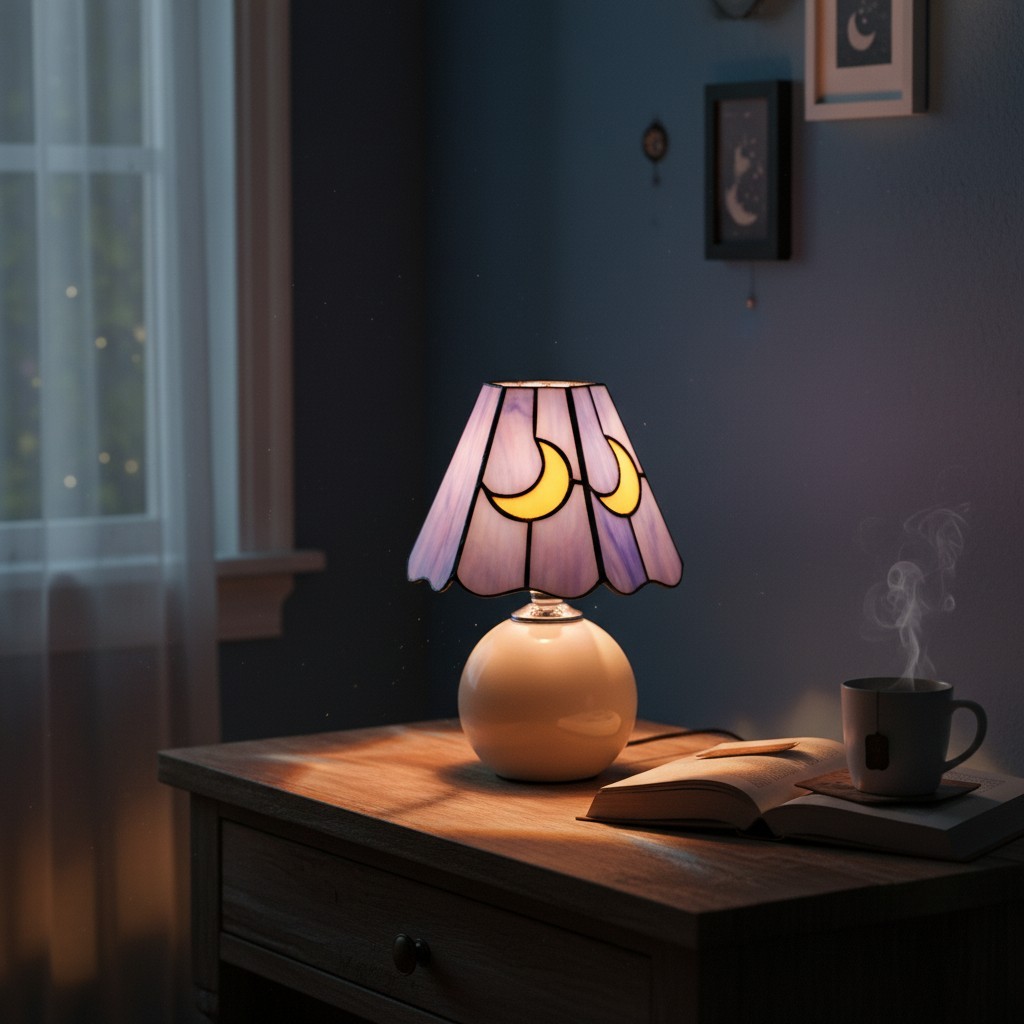 Stellum Mushroom Moon Stained Glass Table Lamp Artistic Accent Light Ceramic Base for Living Spaces T552