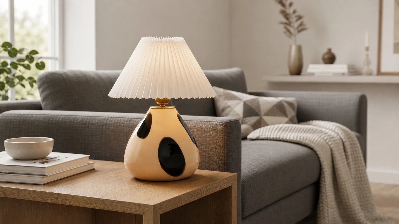 Lampa stołowa Undara z plisowanym kloszem i szklaną podstawą w ciepłym pomieszczeniu