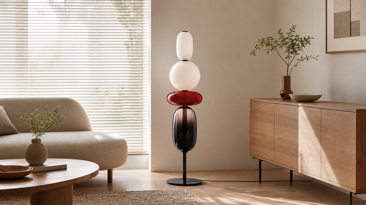 Lampa podłogowa ze szkła kandyzowanego G09 w ciepłej scenerii wnętrza