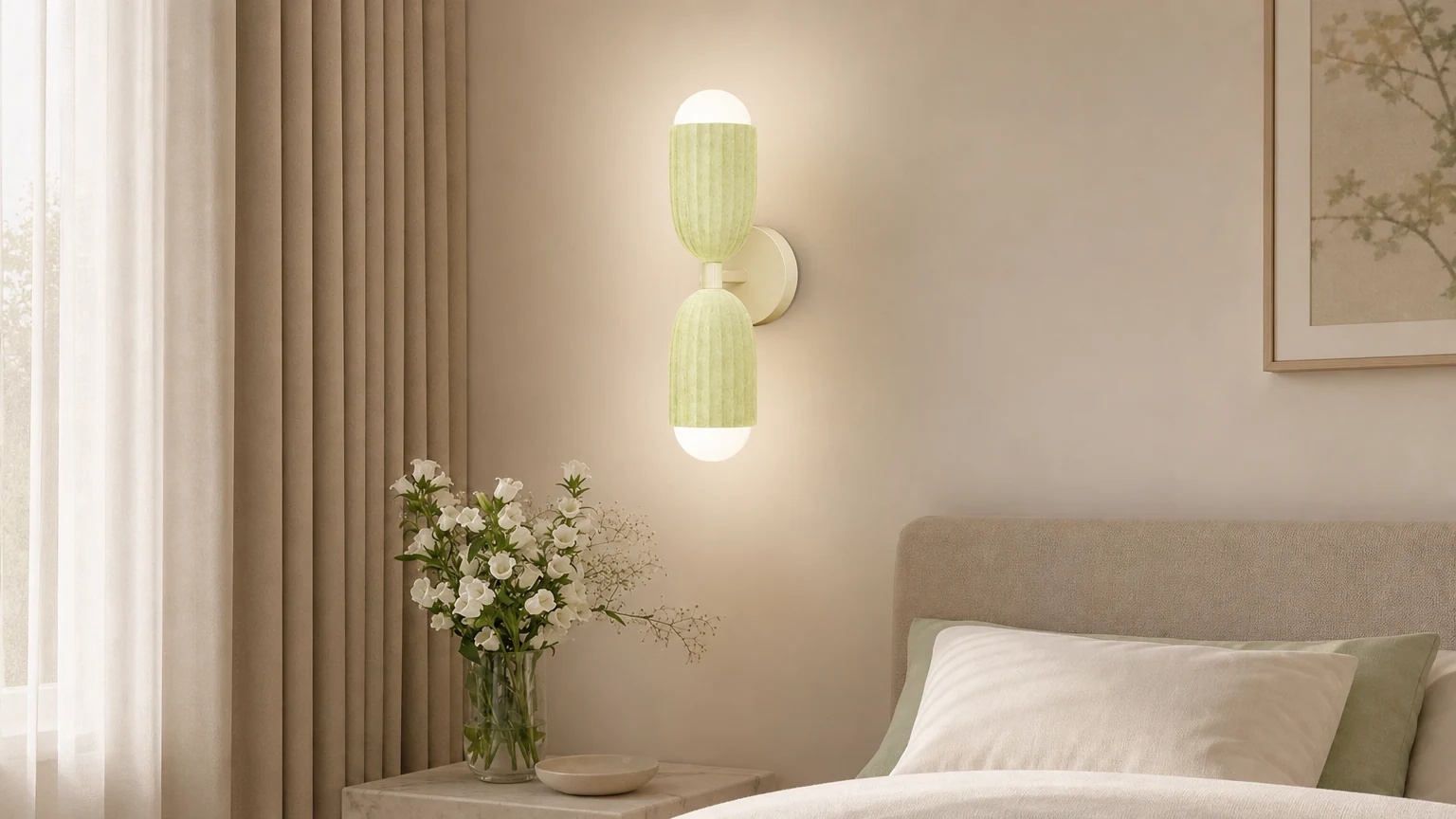 Kreatywna lampa ścienna z żywicy cylindrycznej do sypialni S141 w scenie ściennej w sypialni