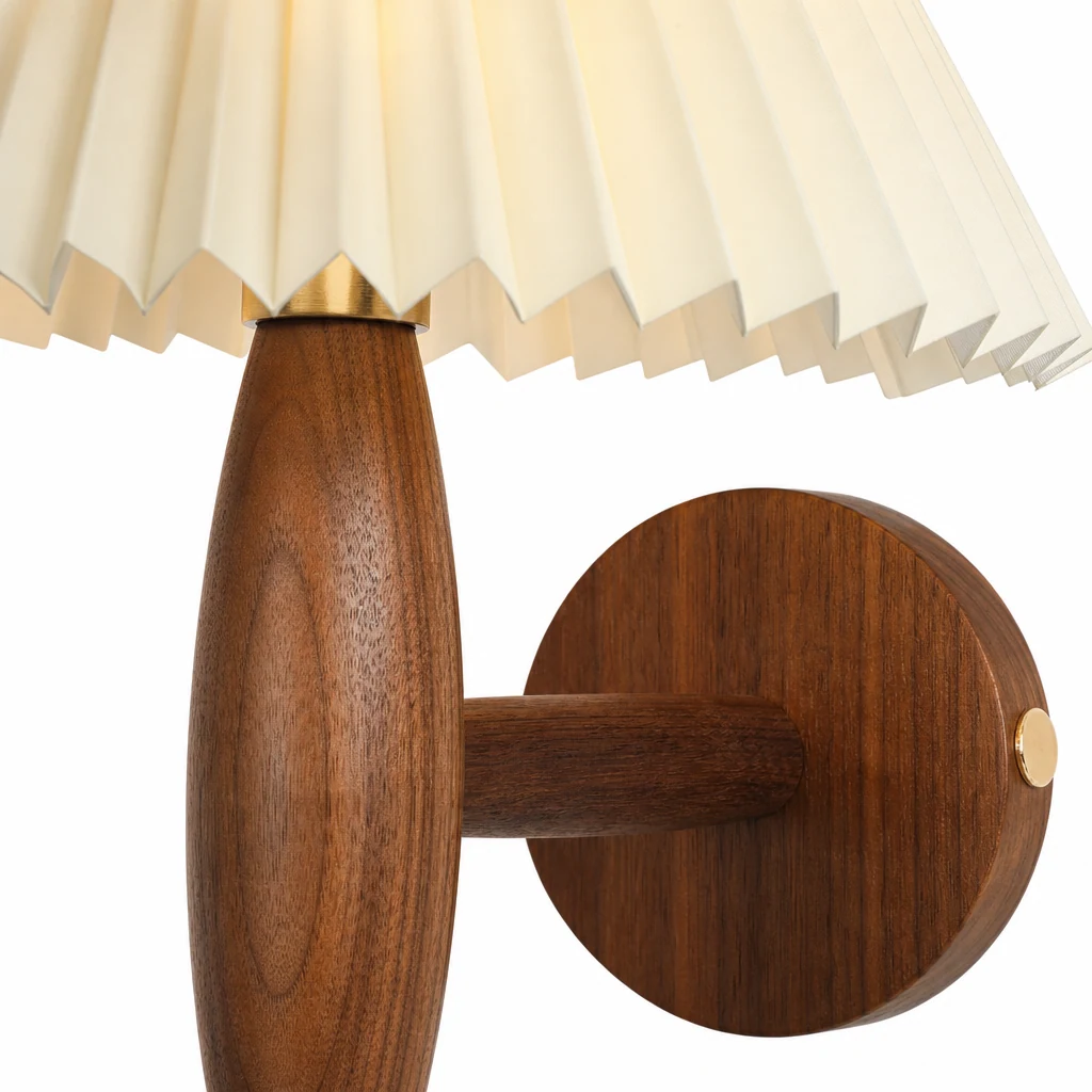 Close-up of the wooden wall lamp material and shade detail