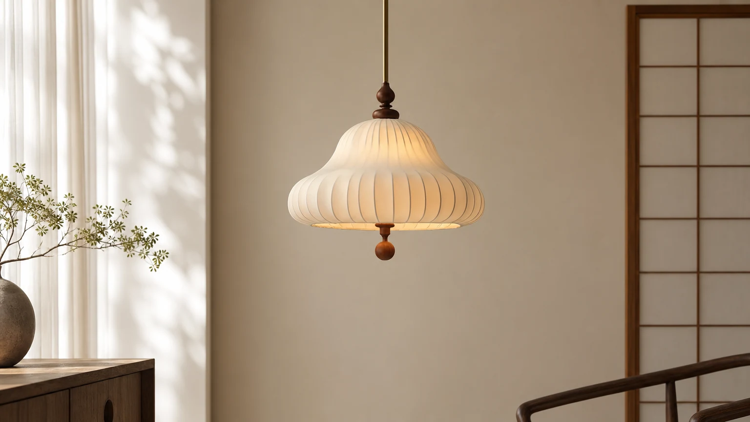 Nowoczesna lampa wisząca z tkaniny wabi-sabi i drewna w ciepłej scenerii pomieszczenia
