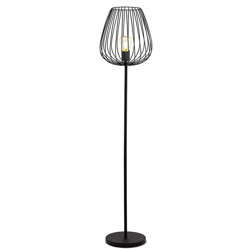 Lámpara de pie Design B de altura completa con jaula negra sobre fondo blanco