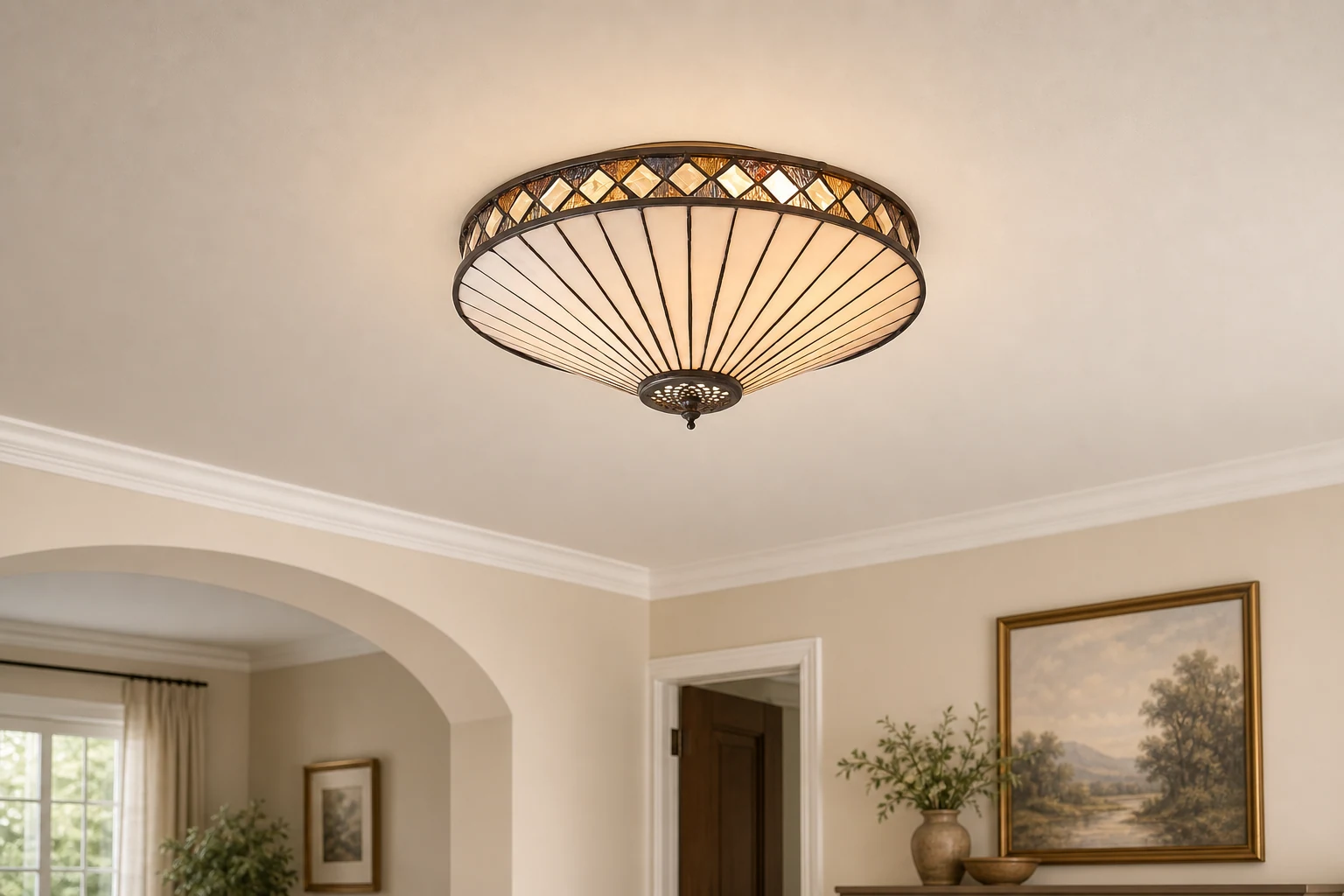 Zlicowana lampa sufitowa TiffStar w scenerii pokoju lifestylowego