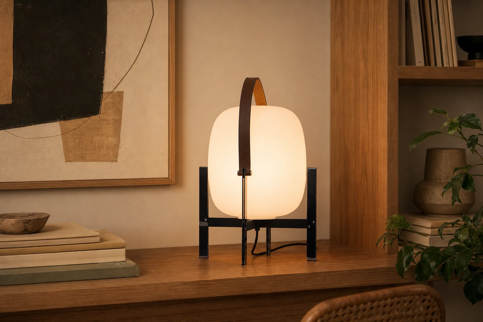 Bærbar lanternebordlampe M31 i et livsstilsrom