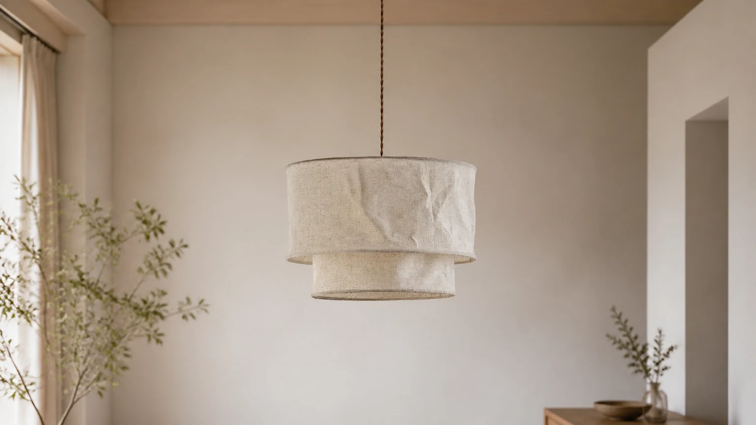 Lampa wisząca Aeroloom z białej, warstwowej tkaniny w ciepłym pomieszczeniu