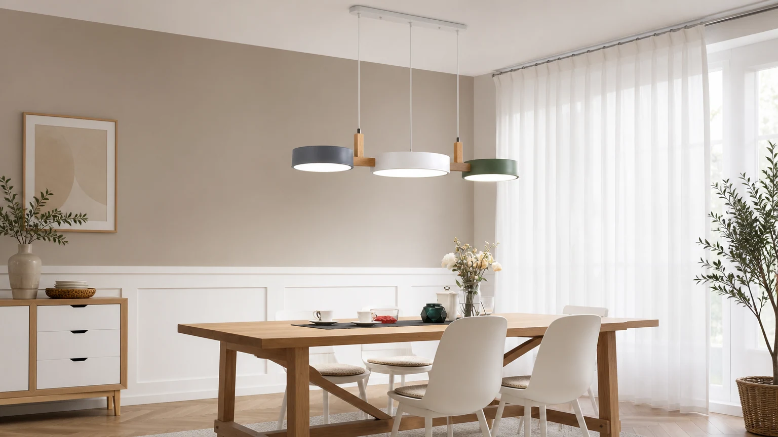 Trójgłowicowa lampa wisząca Nordic Macaron montowana nad stołem