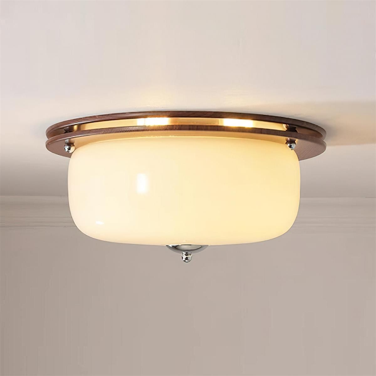Vintage Wooden Disc Pudding-shaped Glass Lampshade Ceiling Lamp P028