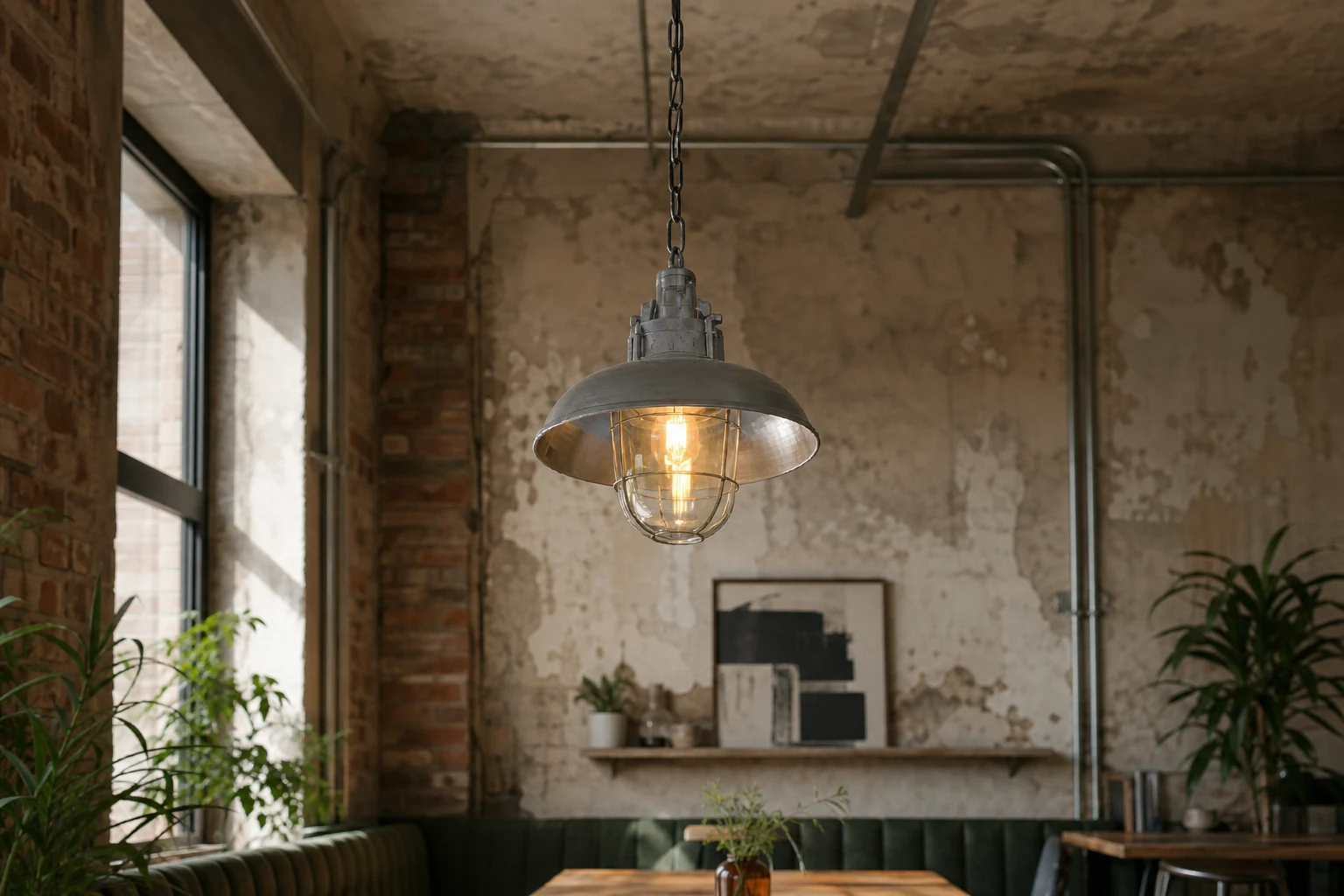 Lampa wisząca z klatką grodziową D629 w ciepłej scenerii wnętrza