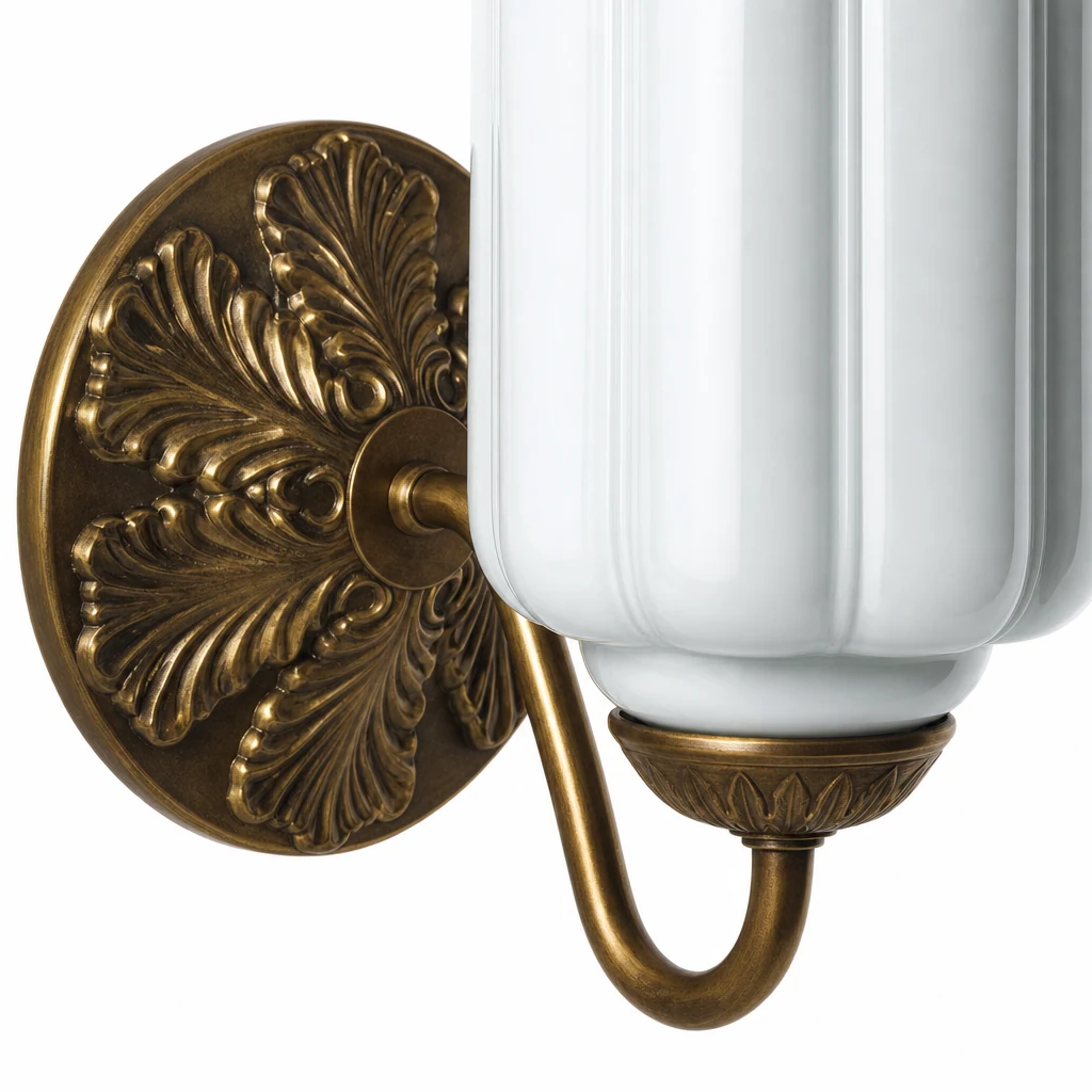 Nærbilde av ribbet glass og metallfinish på den vintage glasslysestakeformede vegglampen M03