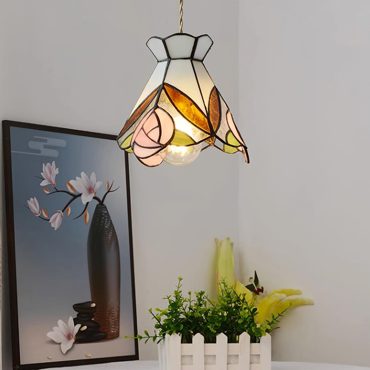 French Retro Rose Stained Glass Pendant Lamp M190