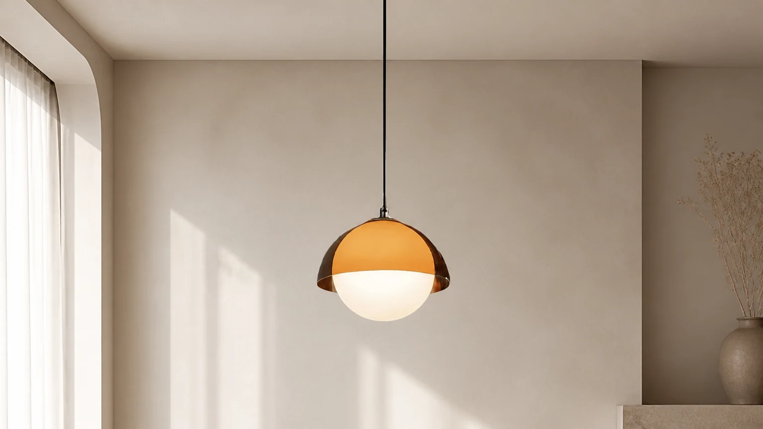 Vintage pendellampa Afterglow i en varm matsal