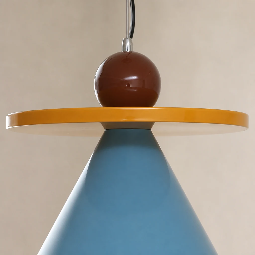 Zbliżenie metalowego klosza i kolorowego wykończenia lampy wiszącej Riva D41