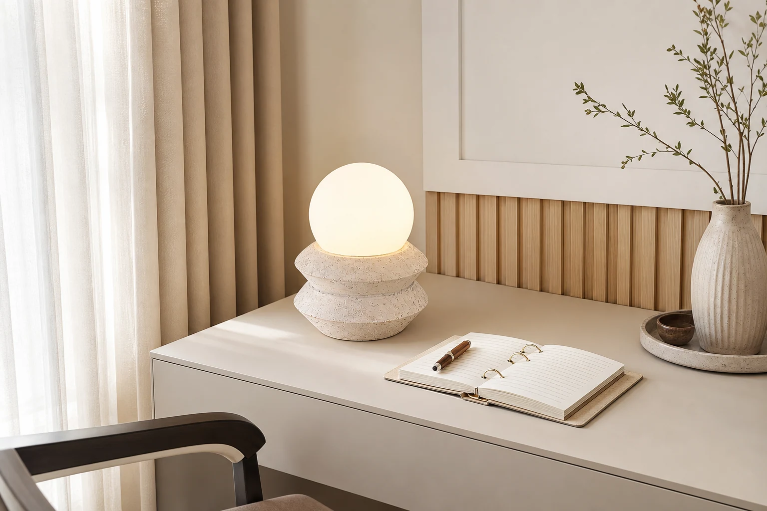 Lampa stołowa Fin Travertine w pomieszczeniu lifestylowym
