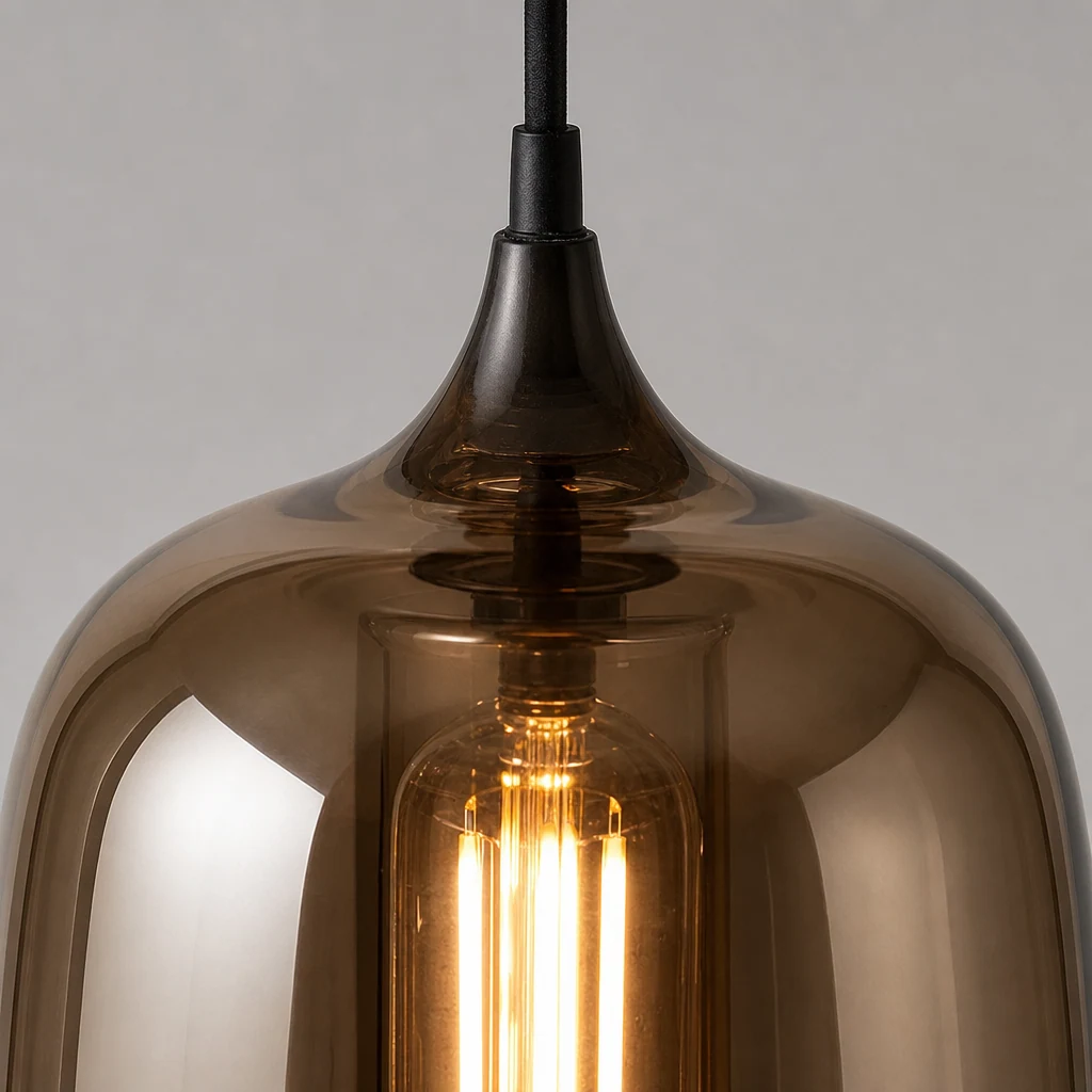 Zbliżenie lampy wiszącej Bottle D363 ze szkła dymnego i czarnym wykończeniem