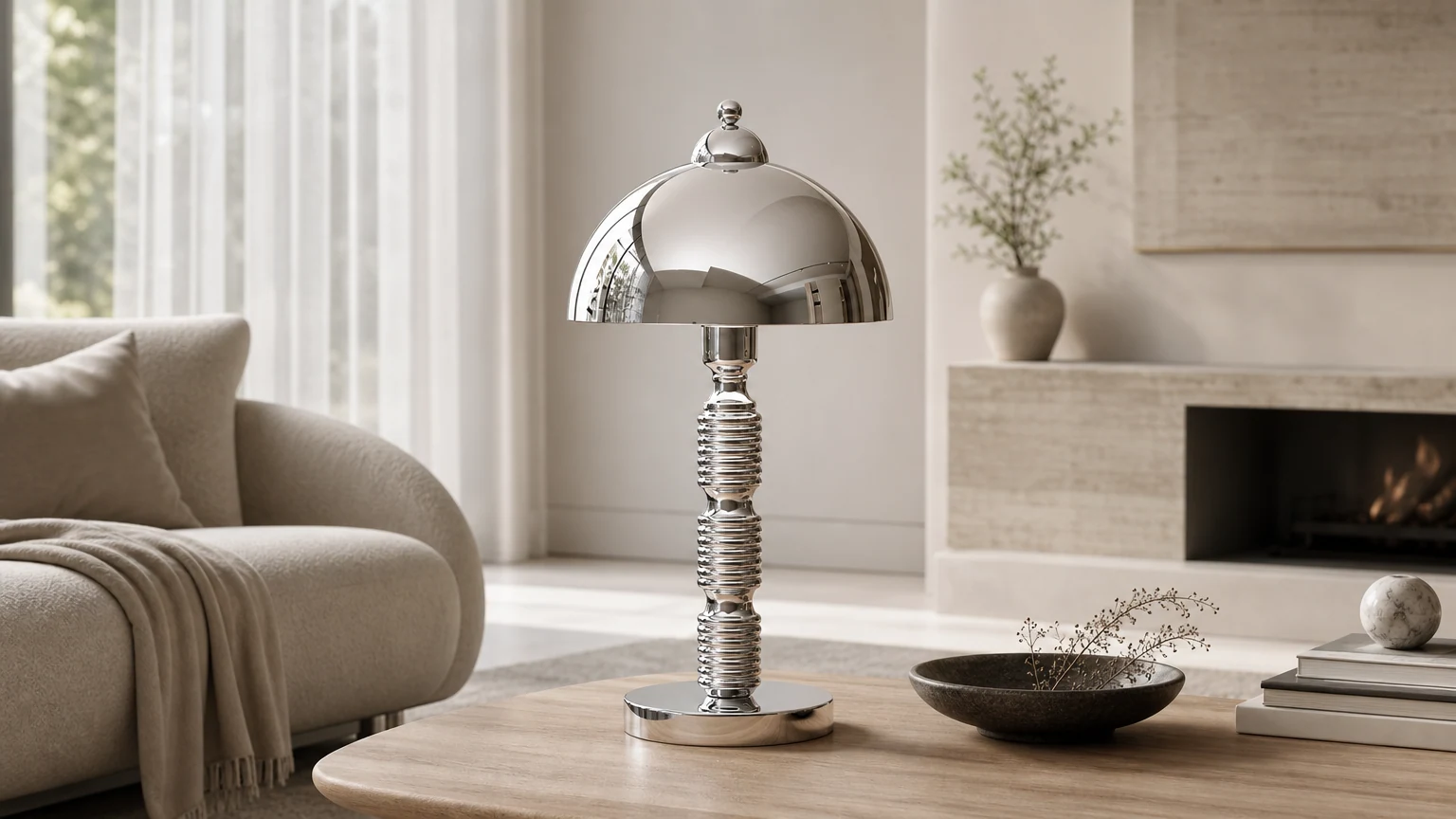 Lampa stołowa M360 z okrągłym kloszem i plisowaną podstawą Nordic Iron w stylizowanej scenie pomieszczenia