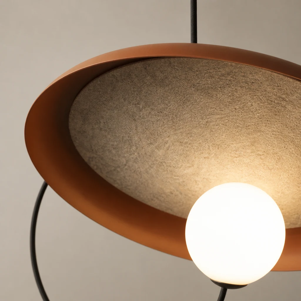 Zbliżenie na materiał i konstrukcję akustycznej lampy wiszącej D448