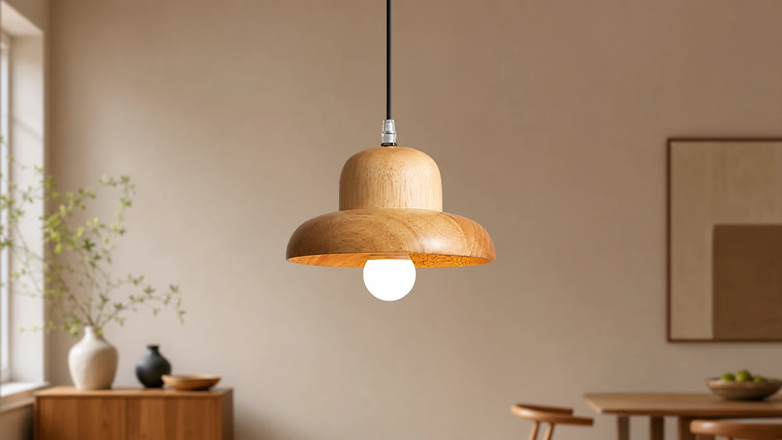 Lampa wisząca Wood Hat M296 w ciepłej scenerii wnętrza