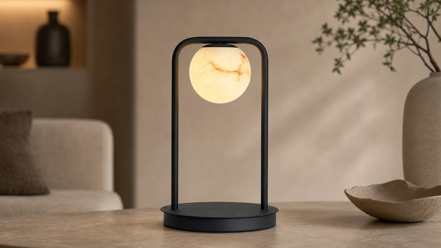 Lampa stołowa Tribeca Alabaster D457 w ciepłej scenerii wnętrza