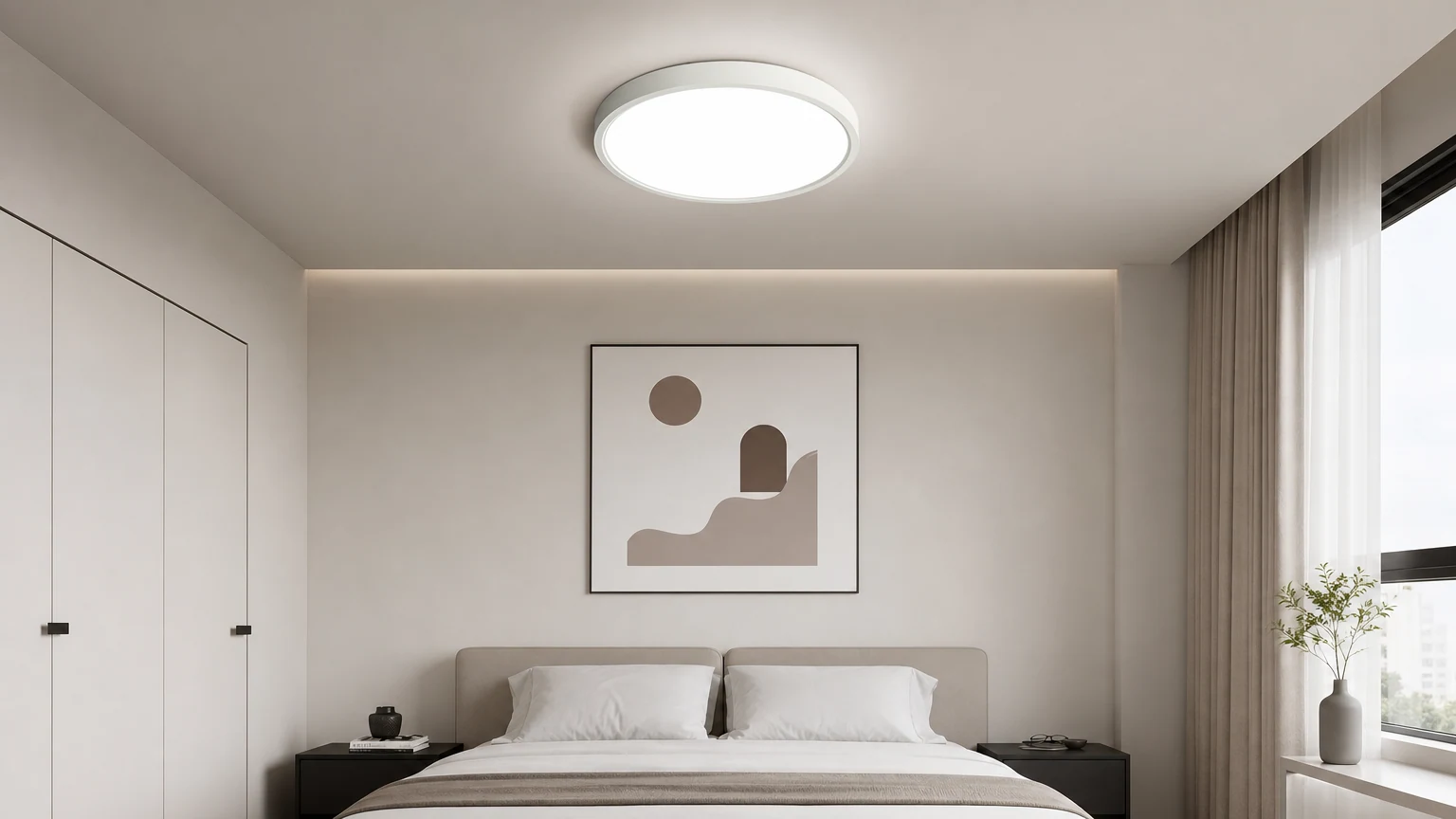 Minimalistyczna okrągła akrylowa lampa sufitowa w sypialni