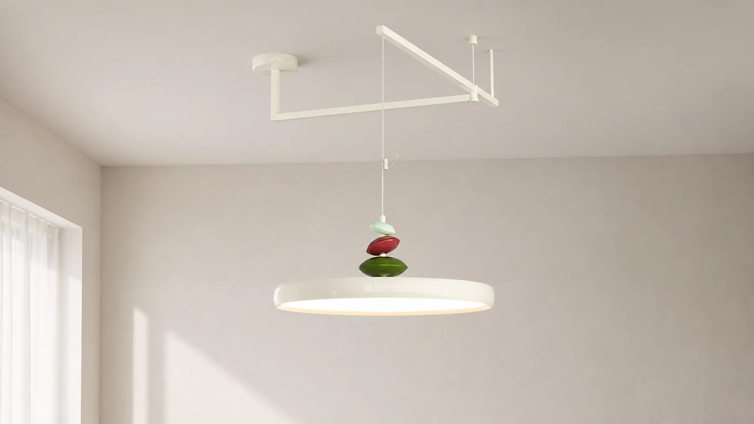 Kamienna lampa wisząca M511 z obrotowym ramieniem w poziomej scenie pomieszczenia