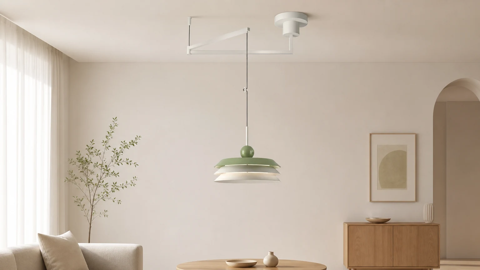 Wielowarstwowa lampa wisząca w stylu nordyckim w kolorze kremowym w ciepłej scenerii salonu