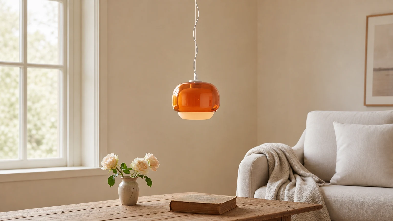 Lampada a sospensione Clinco a forma di fungo in vetro colorato in una scena d'interni