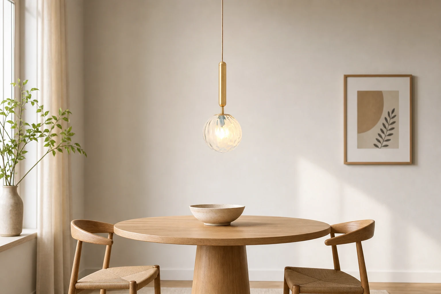 Lampadario nordico a sfera in vetro, inserito in un ambiente d'arredo.