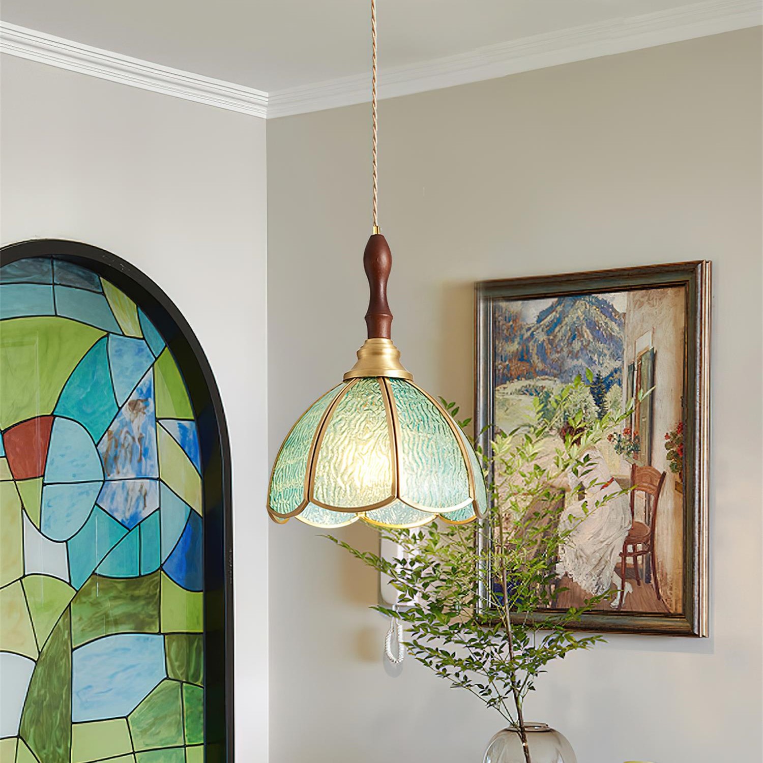 Vintage Tiffany Stanied Glass Pendant Lamp M336