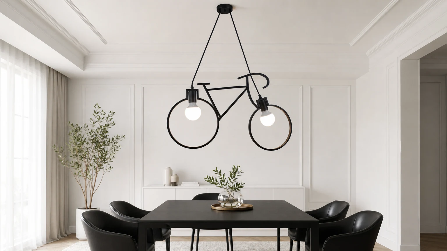 Lampa wisząca rowerowa zainstalowana w scenie w pomieszczeniu
