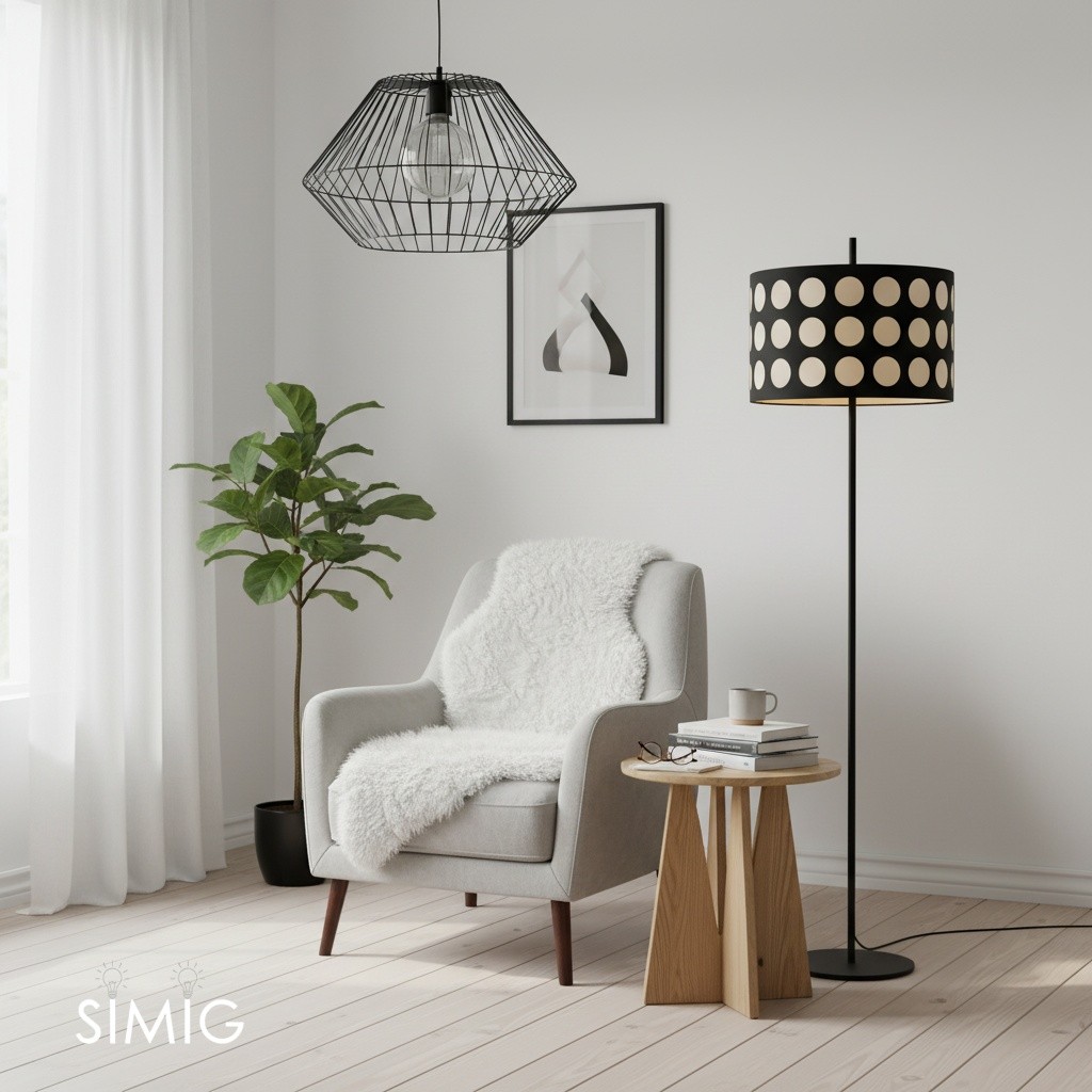 Lámpara de pie en blanco y negro en una escena de habitación.