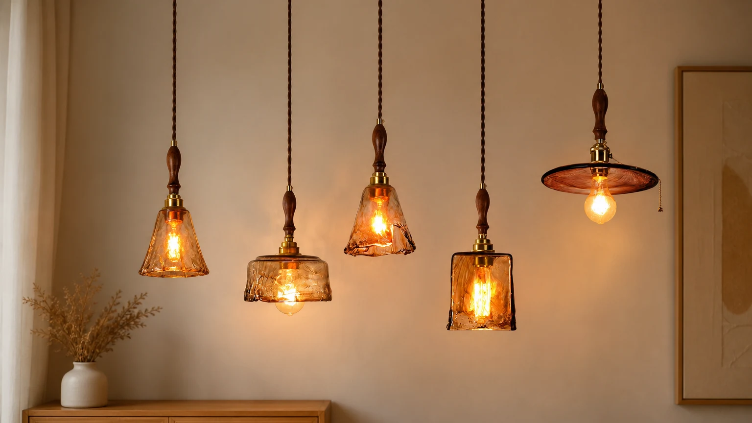Szklana lampa wisząca COFFEE zainstalowana w ciepłym wnętrzu