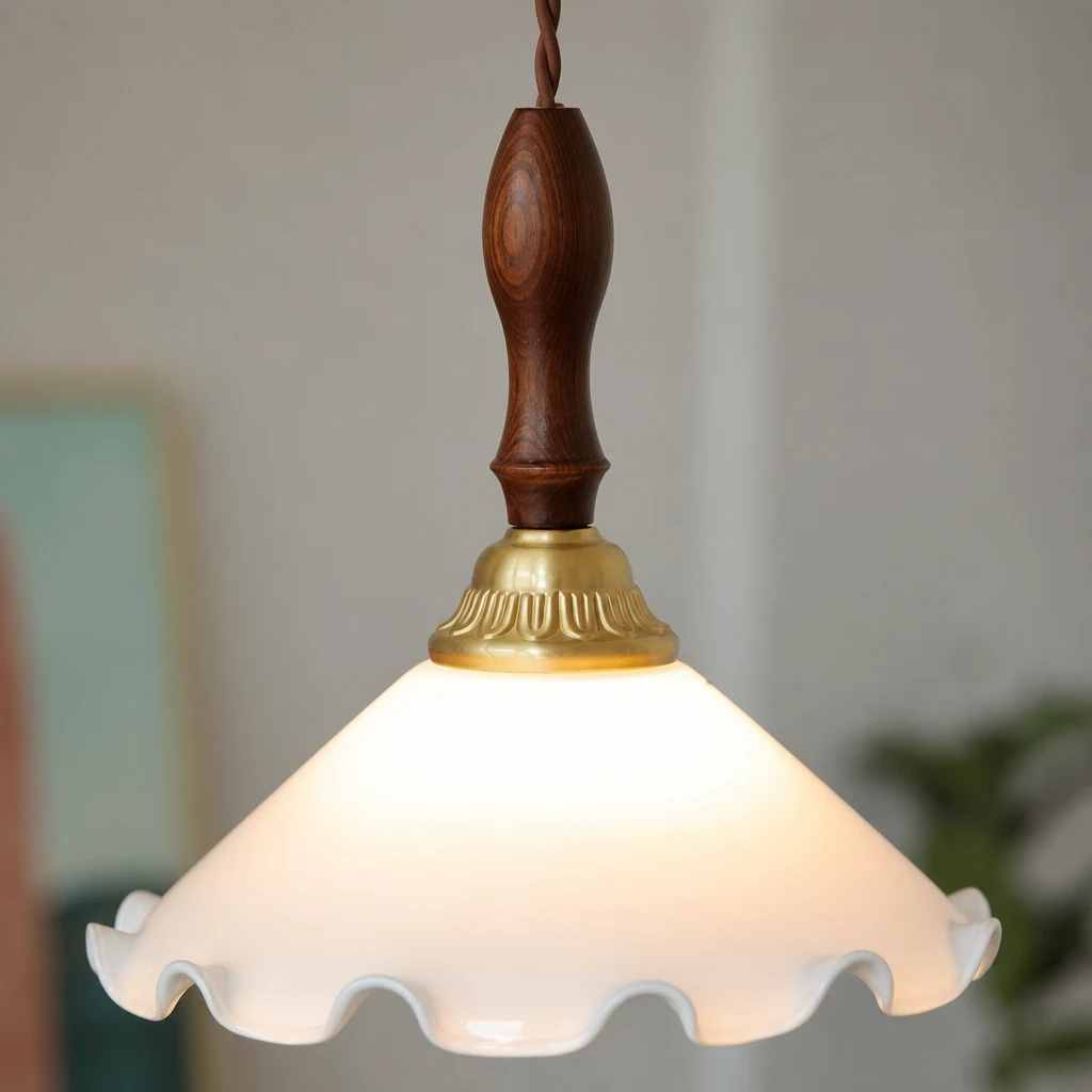 Zbliżenie odcienia i wykończenia lampy wiszącej Milky Flower