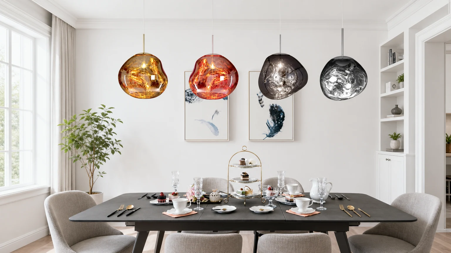 Dynamiczna lampa wisząca S10 ze szkła Surface w ciepłej scenerii jadalni