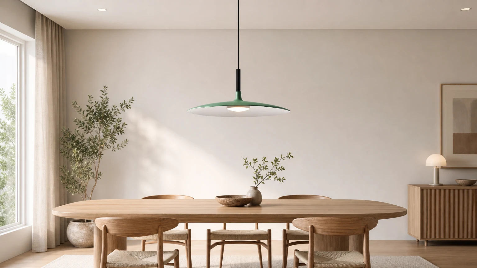 Skandynawska lampa wisząca LED w kształcie dużego stożka S08 zainstalowana nad stołem w jadalni