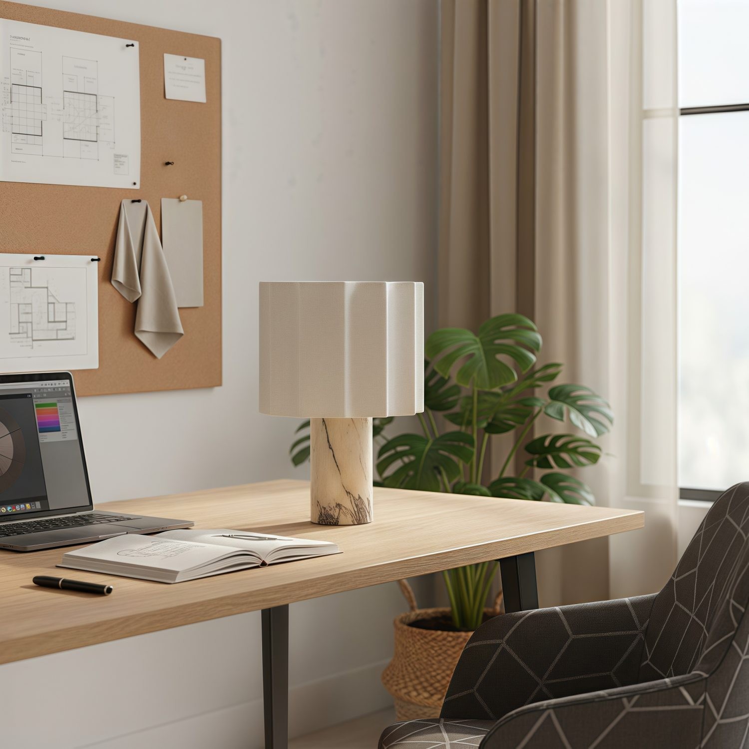 Cavilon Table Lamp with Fan-Shaped Linen Shade - Stone Finishes Suitable for Living Rooms T476