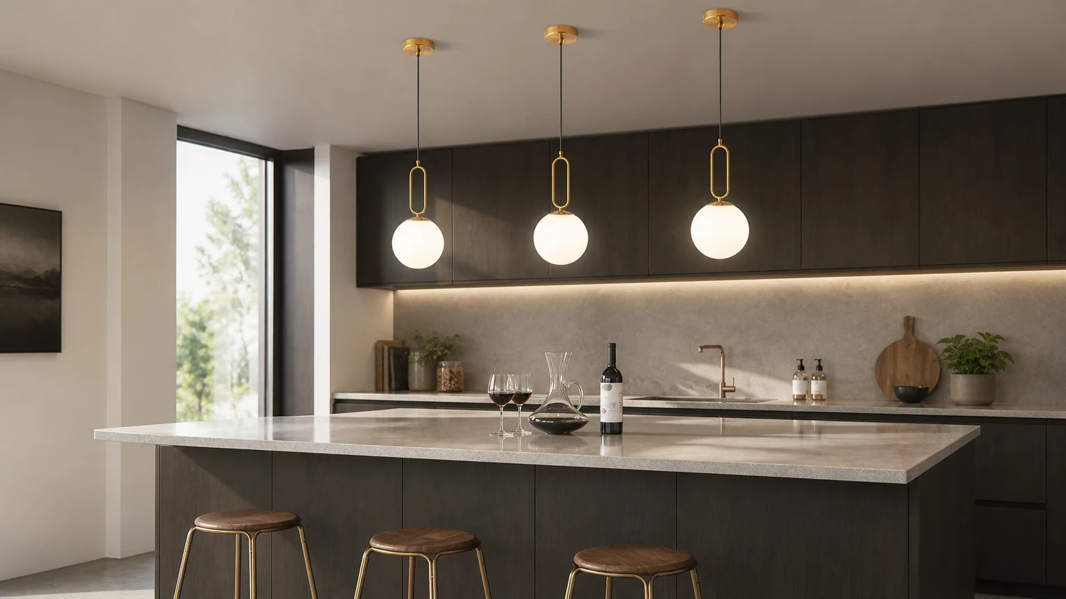 Minimalistisk oval ringpendellampe installert i et varmt interiørmiljø