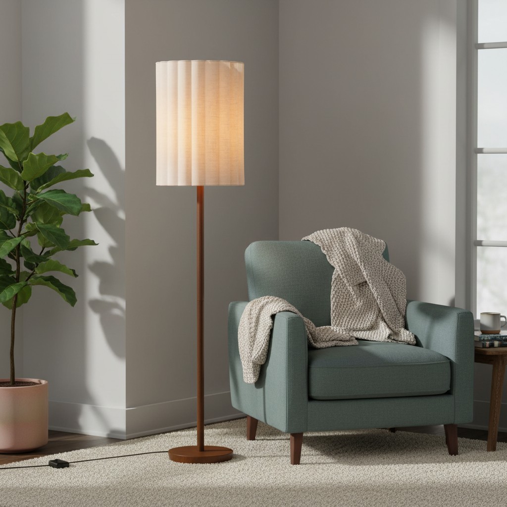 Linbron Walnut Wood Floor Lamp with Fluted Linen Shade - Modern Natural Home Decor T648